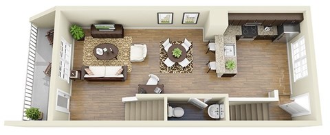 A top-down view of a living room with a couch, coffee table, and a rug.